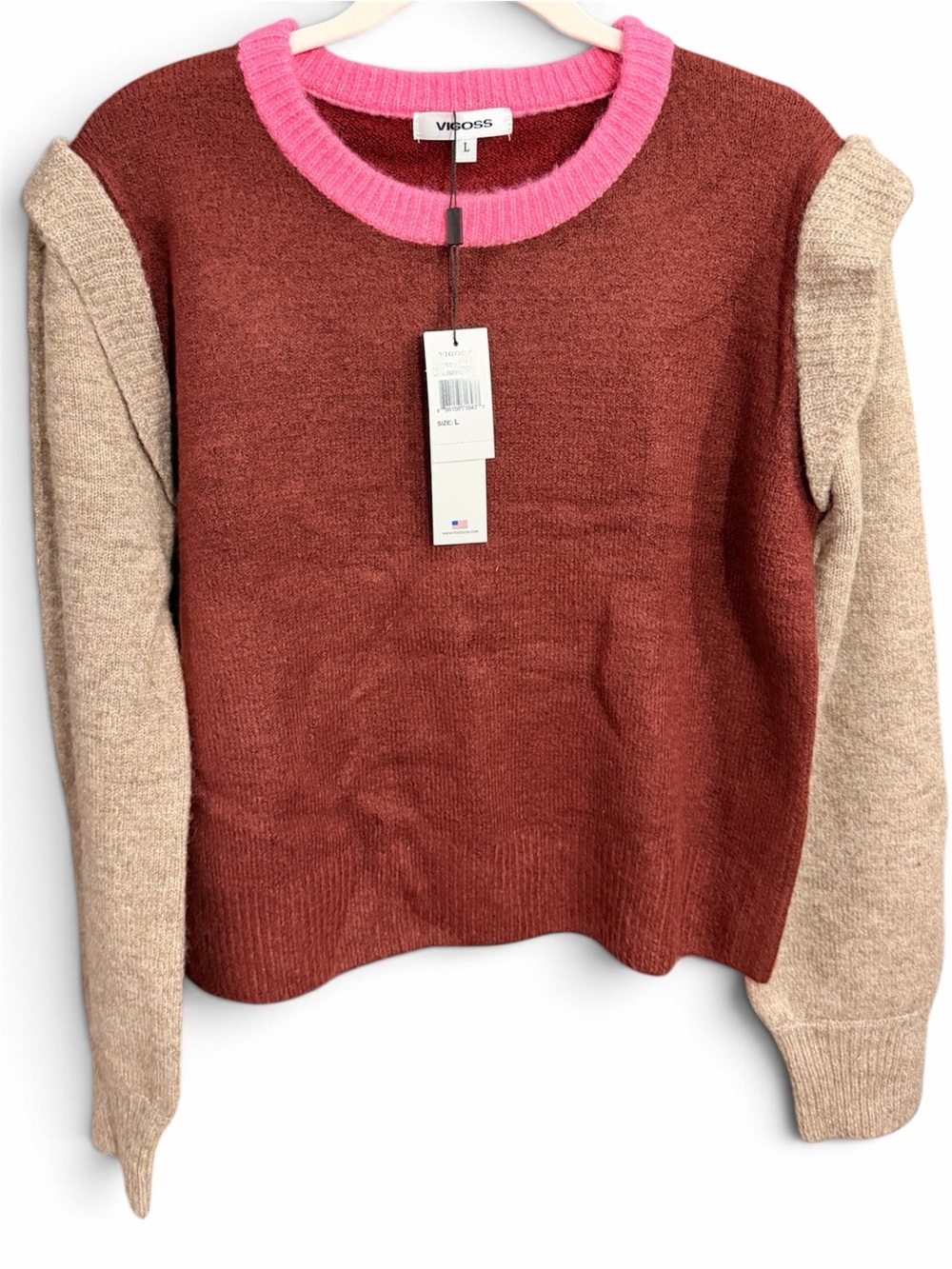 Vigoss Colorblock Crewneck Sweater in Rust, Beige & Pink Trim